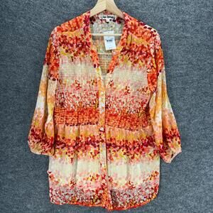 New Hope Springs Shirt Women L Large Orange Geometric Button Up V-Neck Casual